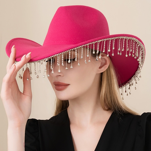 Pink Crystal Bling Rhinestone Fringe Hat Tassel Brim Party Womens
